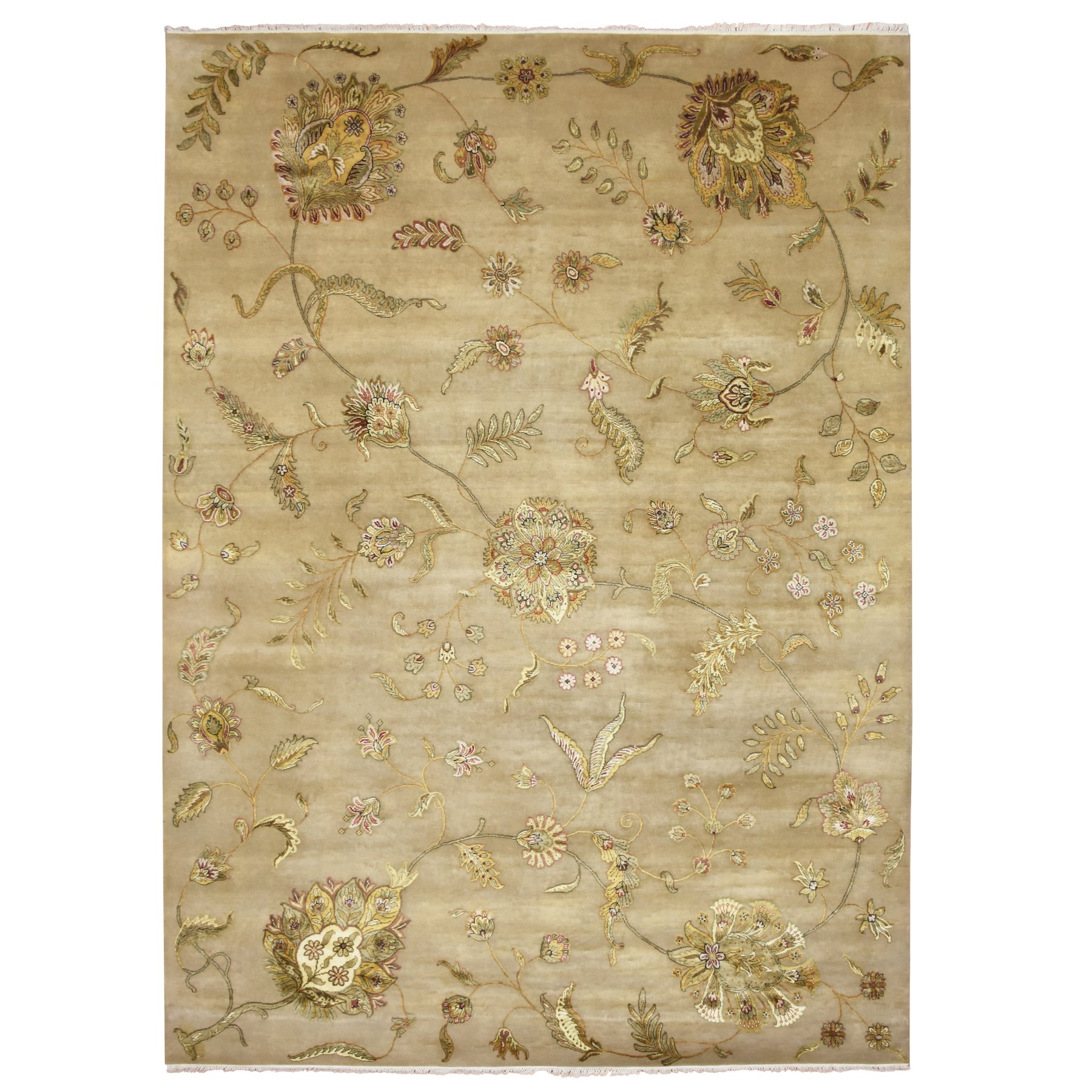 Tortilla Brown, Half Wool and Half Silk, Borderless Botanical Design, Densely Woven, Soft Pile, Hand Knotted, Oriental Rug